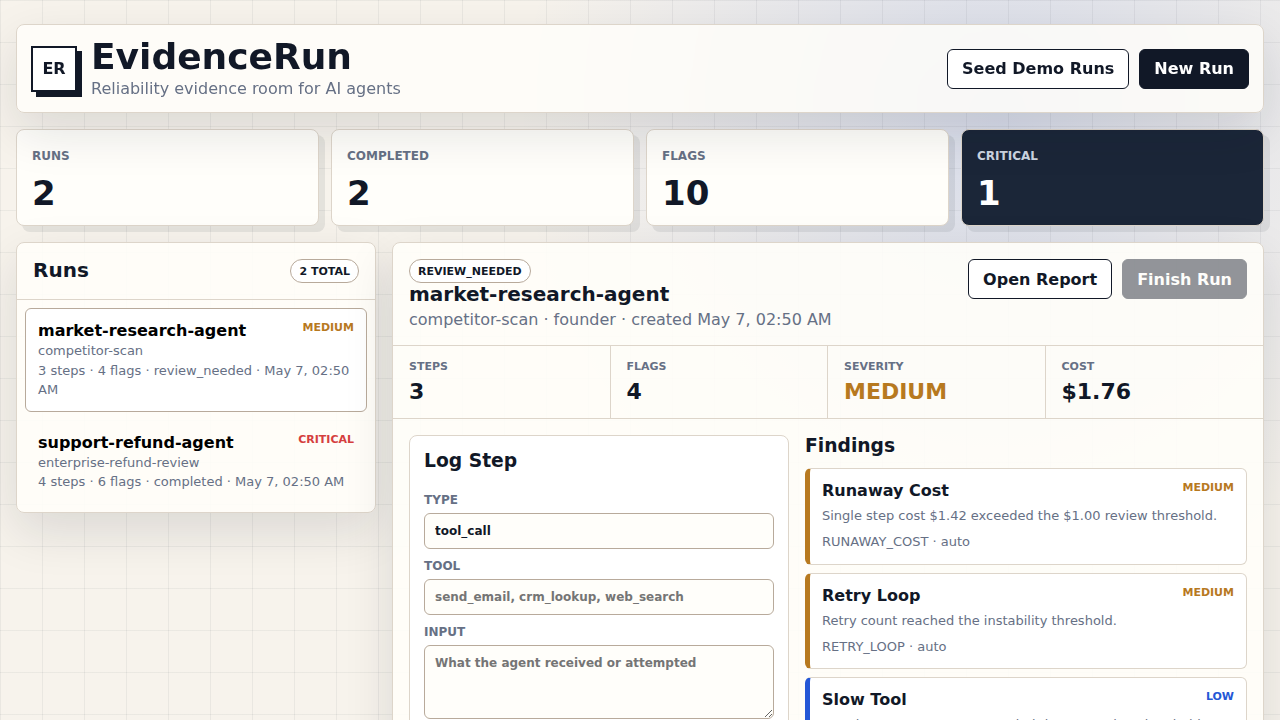 EvidenceRun dashboard showing run timeline, severity-flagged findings, tool-call evidence, and replay metadata for a sample agent workflow.
